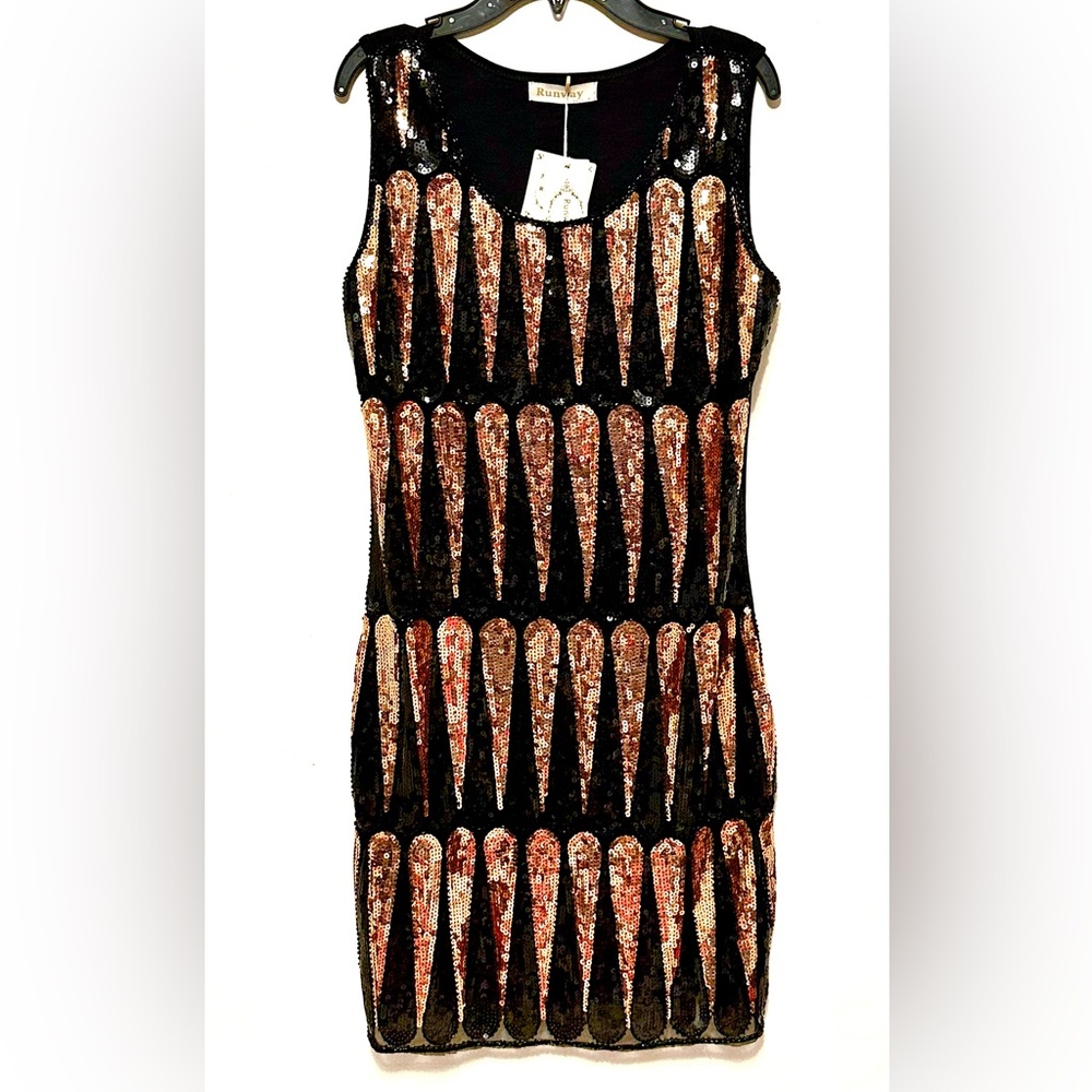 Runway Paris Gold & Black Sequin Tank Dress Sleeveless Cocktail Party Medium